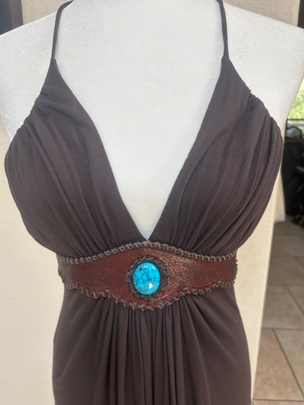 Sky Brown Top with Turquoise Stone-Whipstitched faux Leather Waistband.NWT. Sz L - Picture 4 of 15